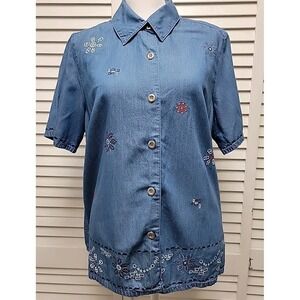Vtg City Blues Koret SZ M Chambray Embroidered Short Sleeve Button Down Top 80's